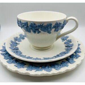 Wedgwood Queensware Grapevine Tea Set 3pc Cup Saucer Plate Blue White England